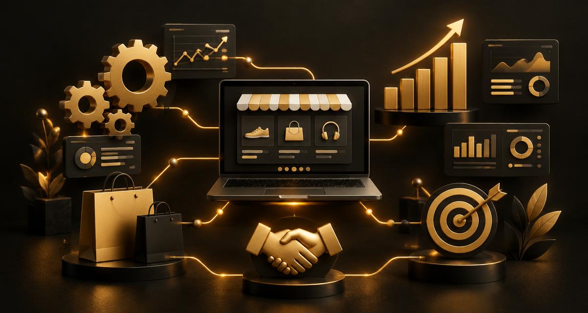 Engrenagens e painel de indicadores dourados conectados a uma loja virtual sobre fundo grafite, representando a parceria entre e-commerce e agência