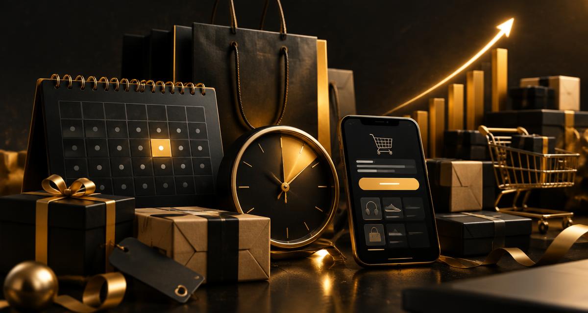 Calendário com data dourada em destaque, relógio, sacolas, caixas e smartphone com checkout sobre fundo grafite, representando o planejamento da Black Friday