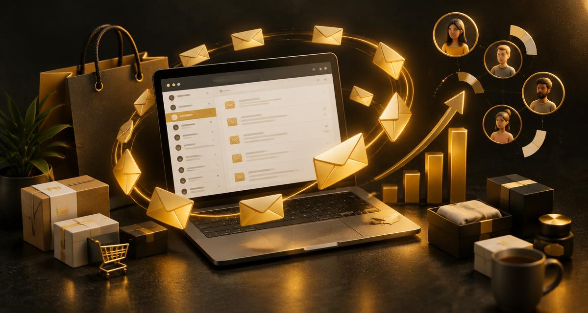 Envelopes dourados em fluxo automático ao redor de um notebook com caixa de entrada, sacola e gráfico de receita sobre fundo grafite