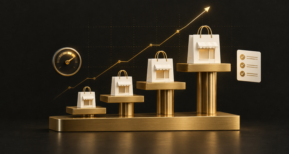 Escada dourada em 3D com lojas off-white subindo degraus sobre uma base sólida, com gráfico de crescimento ao fundo