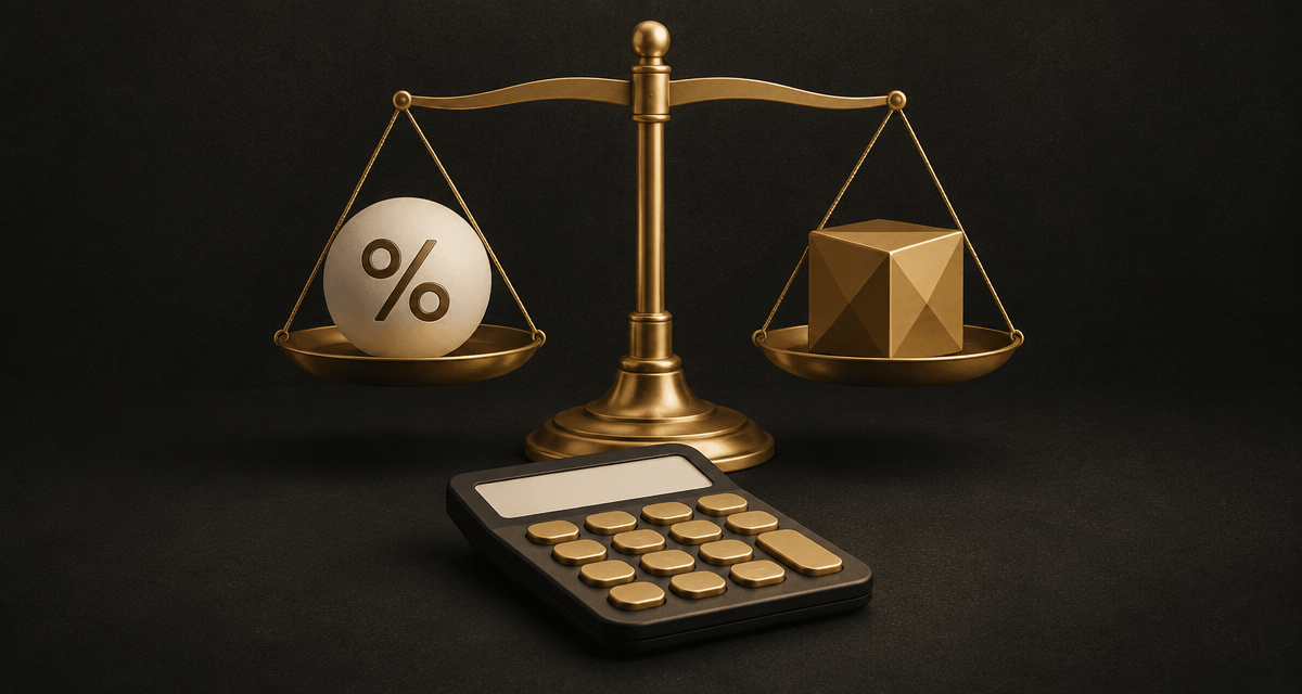 Balança dourada comparando uma esfera off-white com símbolo de porcentagem e um cubo dourado, com calculadora ao fundo sobre fundo grafite