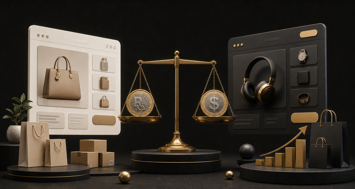 Balança dourada equilibrando uma moeda de real e uma de dólar entre duas vitrines de e-commerce