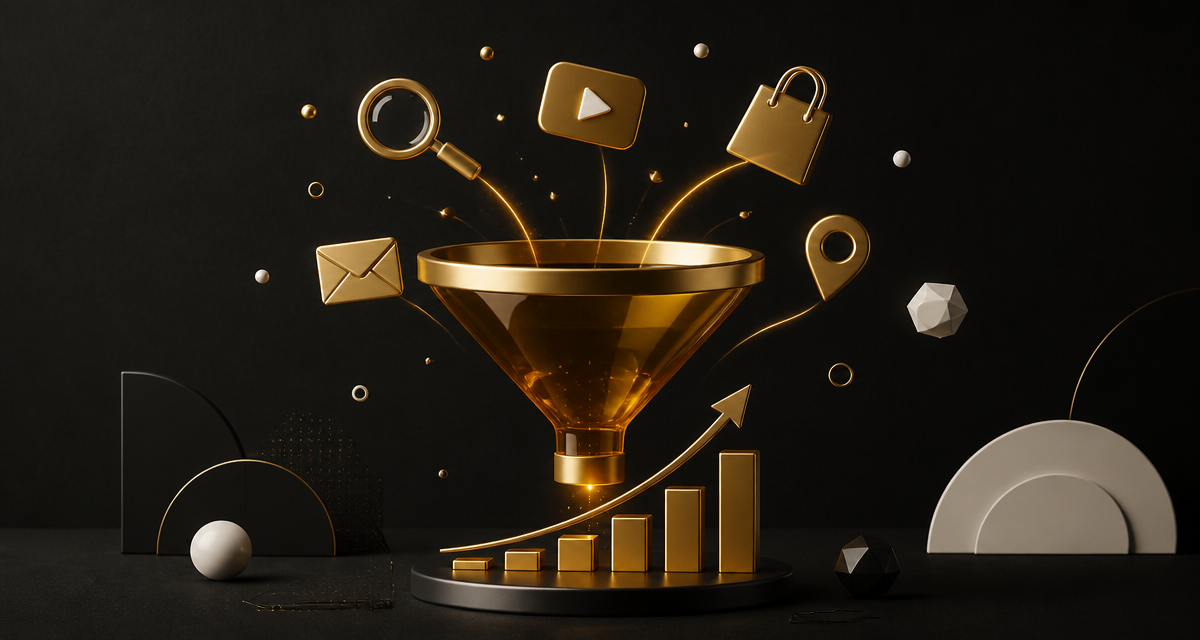 Funil dourado em 3D recebendo ícones dos canais do Google com gráfico de crescimento ao fundo