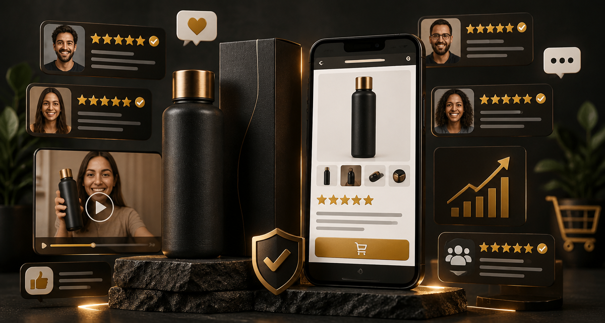 Página de produto cercada por avaliações, vídeos de clientes e sinais de confiança em dourado sobre fundo grafite